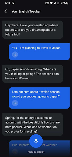 A judgment-free English conversation practice session with Vaani’s AI English teacher