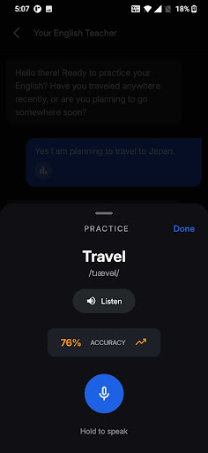 Vaani pronunciation practice screen showing the word travel with IPA transcription, listen button and accuracy score