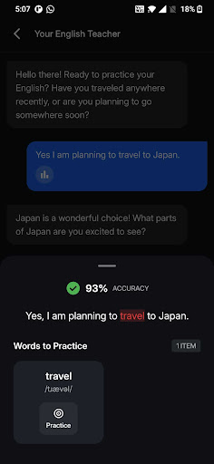 Vaani AI showing instant feedback with 93% accuracy on a spoken English sentence and a word practice list