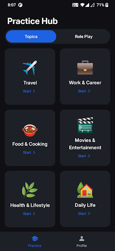 Vaani Practice Hub topics for daily English speaking practice across travel, work, food and everyday life